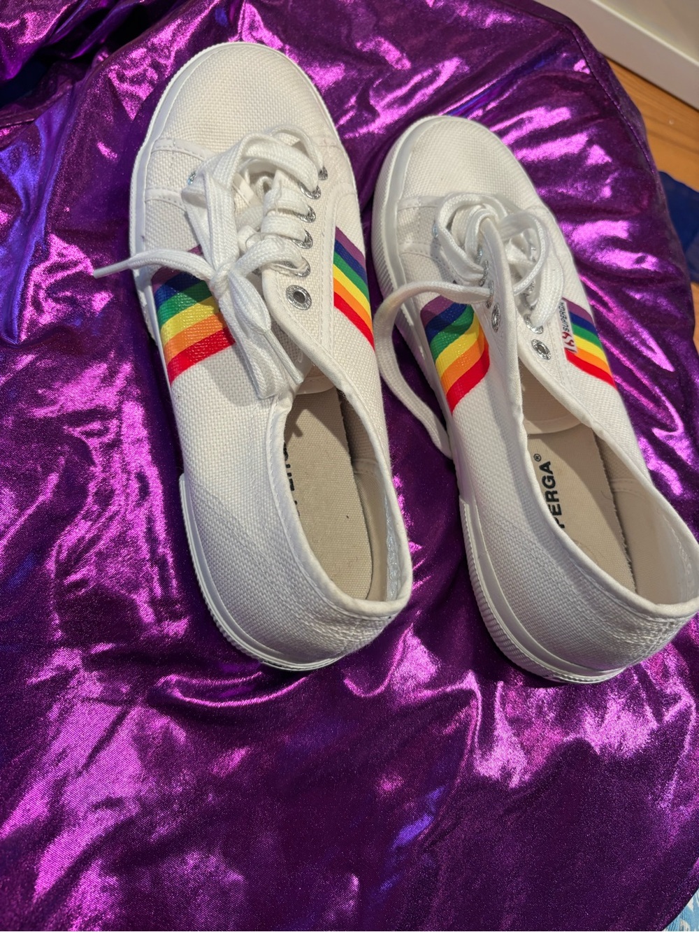 Superga White Canvas Sneakers with Rainbow Side Stripes and Soles Cotu style 8.5